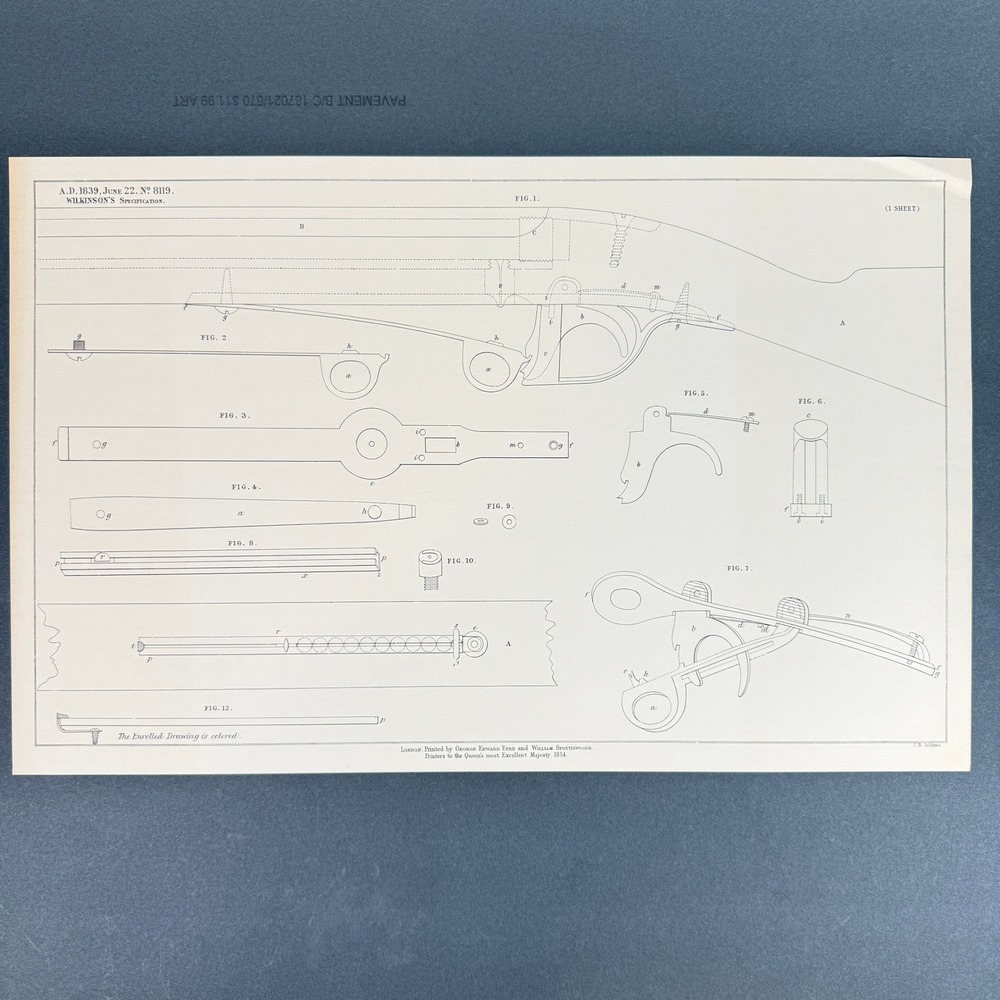 Original 1854 Wilkinson Patent Rifle Engraving Print on Laid Paper 20"x13"